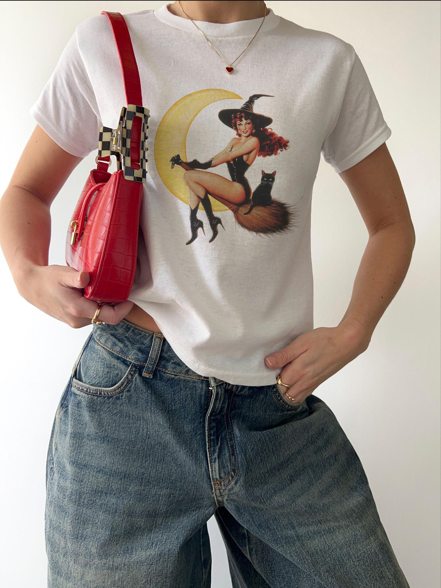 Witchy Woman Y2K Vintage illustration, black cat, Halloween spooky, Baby Tee Cotton, Cute funny casual, graphic shirt T-shirt, retro