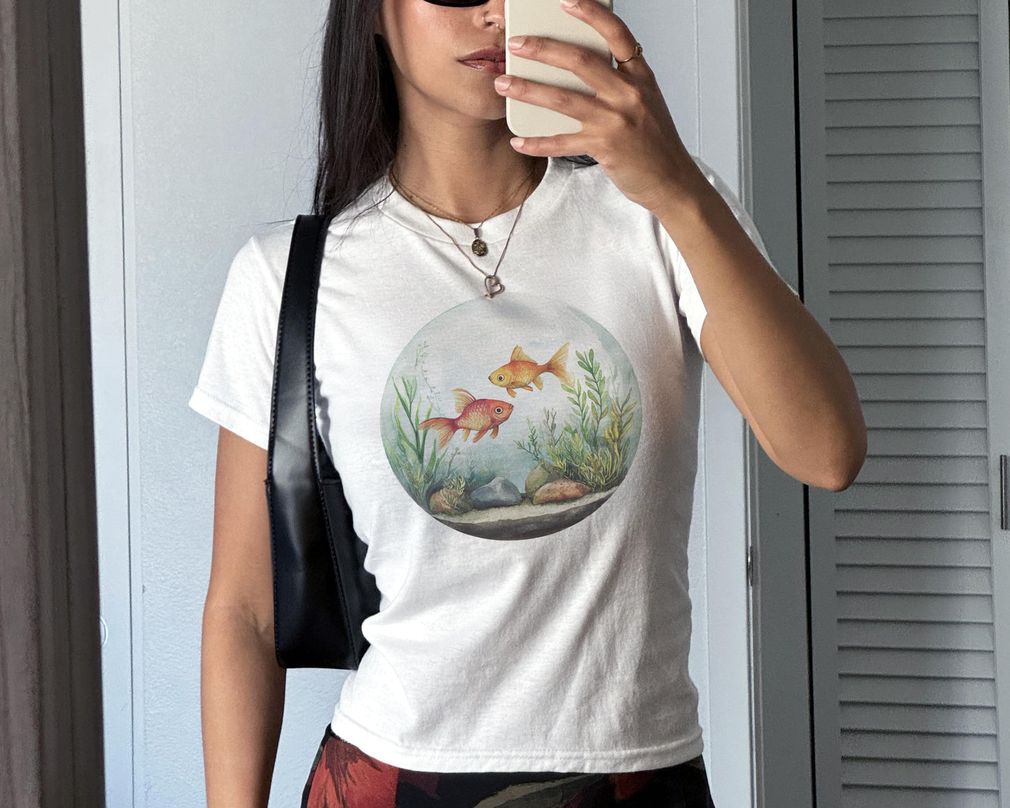 Fish Friends Y2K Vintage goldfish fish bowl aquarium Baby Tee Cotton, Cute casual, graphic shirt Tshirt, 90s watercolor retro