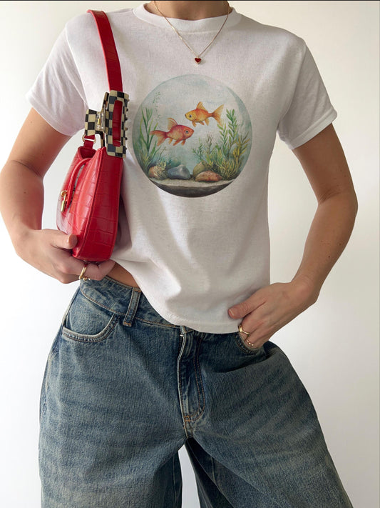 Fish Friends Y2K Vintage goldfish fish bowl aquarium Baby Tee Cotton, Cute casual, graphic shirt Tshirt, 90s watercolor retro