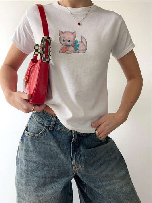 Cozy Kitten Y2K Fluffy White Cat Baby Tee Cotton, Cute casual, graphic shirt Tshirt, 90s vintage retro illustration