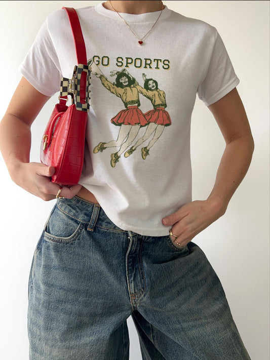 GO SPORTS, Vintage cheerleader, funny university, football soccer, Baby Tee Cotton, Cute casual, graphic shirt Tshirt, 50s 60s retro