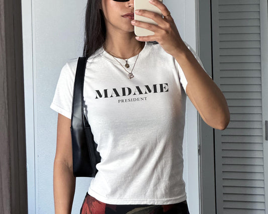 Madame President, Baby Tee Cotton, women supporting women, Cute funny casual, graphic shirt, tshirt T-shirt, minimalist Kamala Harris