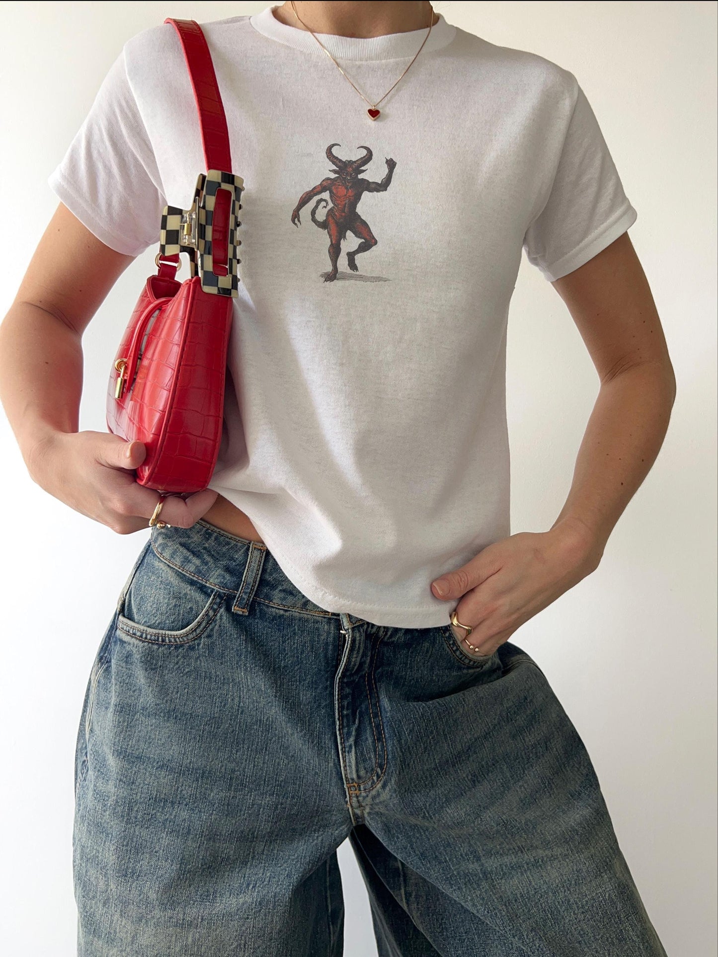 Y2K Vintage Dancing Devil Baby Tee Cotton, Cute Funny Casual, 90’s Graphic Shirt tshirt T-shirt, angel devilish retro