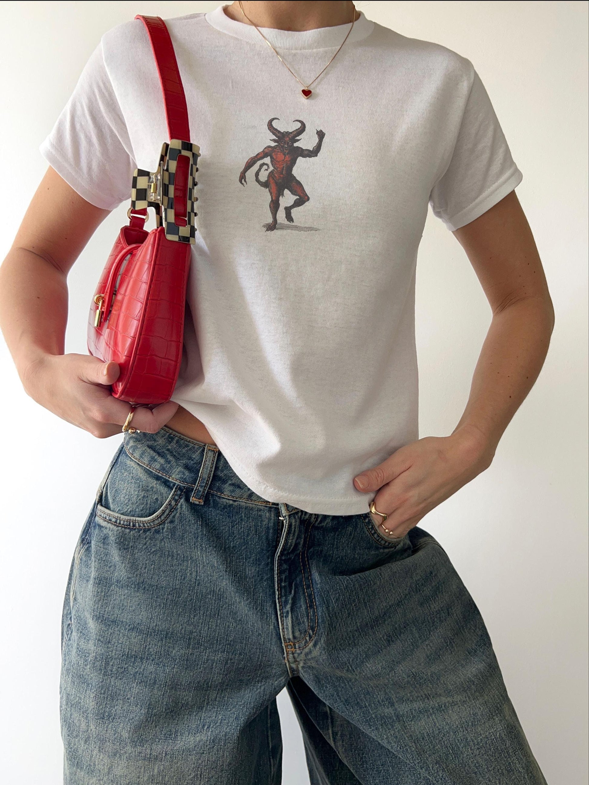 Y2K Vintage Dancing Devil Baby Tee Cotton, Cute Funny Casual, 90’s Graphic Shirt tshirt T-shirt, angel devilish retro