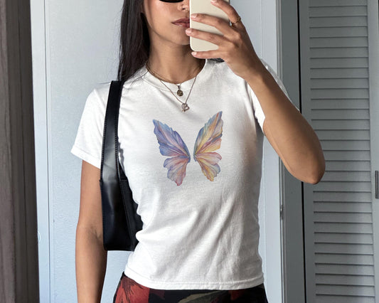 She was a fairy Y2K Vintage watercolor wings Baby Tee Cotton, Cute funny casual, graphic shirt tshirt T-shirt, angel butterfly retro