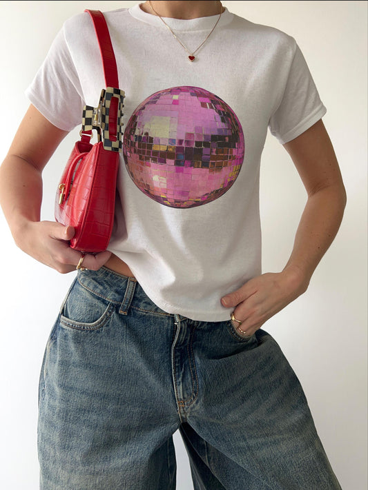 Pink Disco ball Vintage 70s watercolor acrylic Baby Tee Cotton, Cute funny casual, graphic shirt tshirt T-shirt, glitter party retro