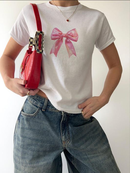 Coquette Y2K Vintage Pink Bow Baby Tee Cotton, Cute casual, graphic shirt Tshirt, 90s Marie Antoinette retro