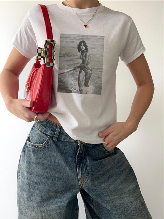 Surfs Up Y2K Vintage photograph surfer chick, beach babe Baby Tee Cotton, Cute casual, graphic shirt Tshirt, 90s 60s photograph retro