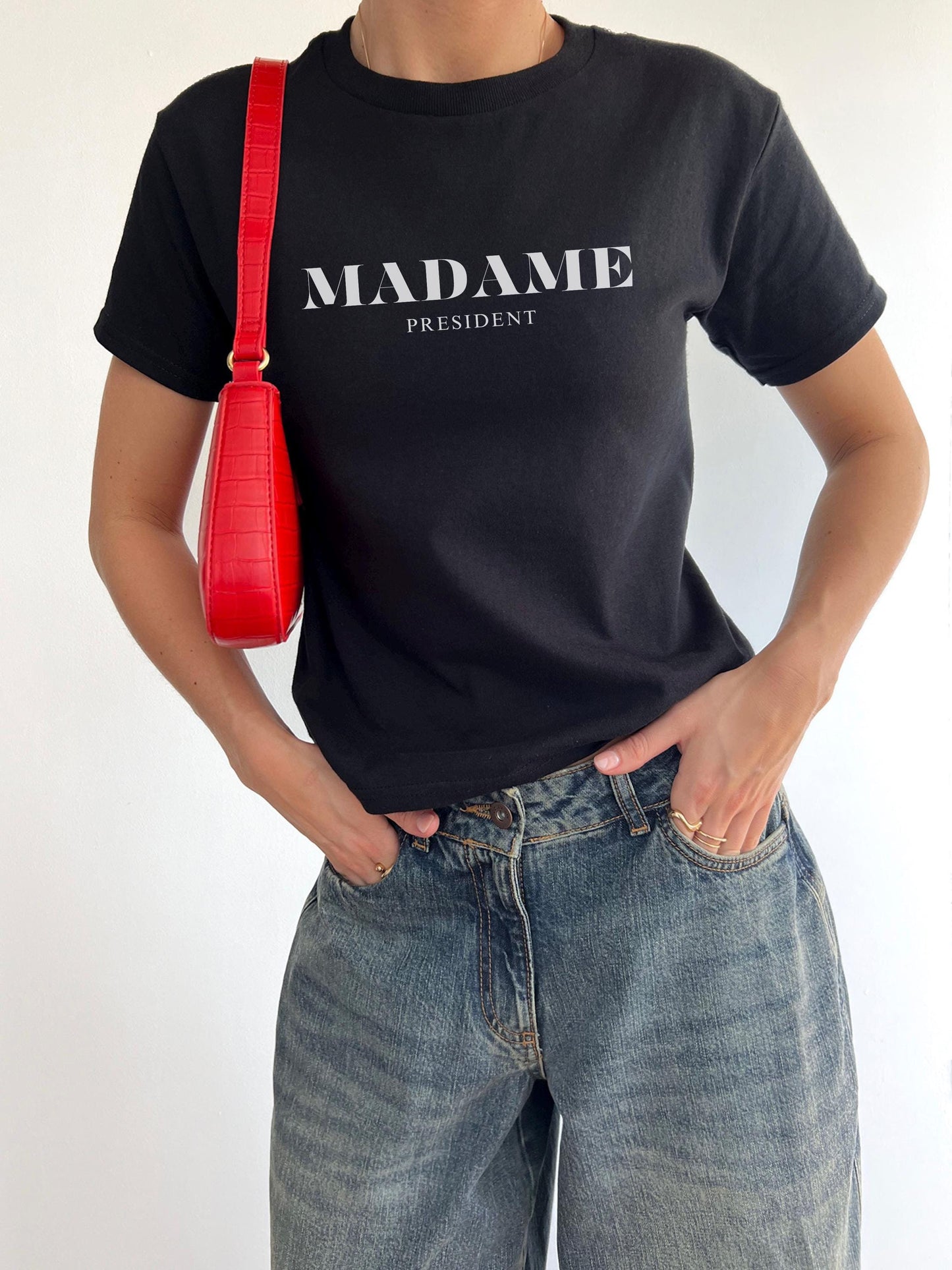 Madame President, black Baby Tee Cotton, women supporting women, Cute funny casual, graphic shirt, tshirt T-shirt, minimalist Kamala Harris